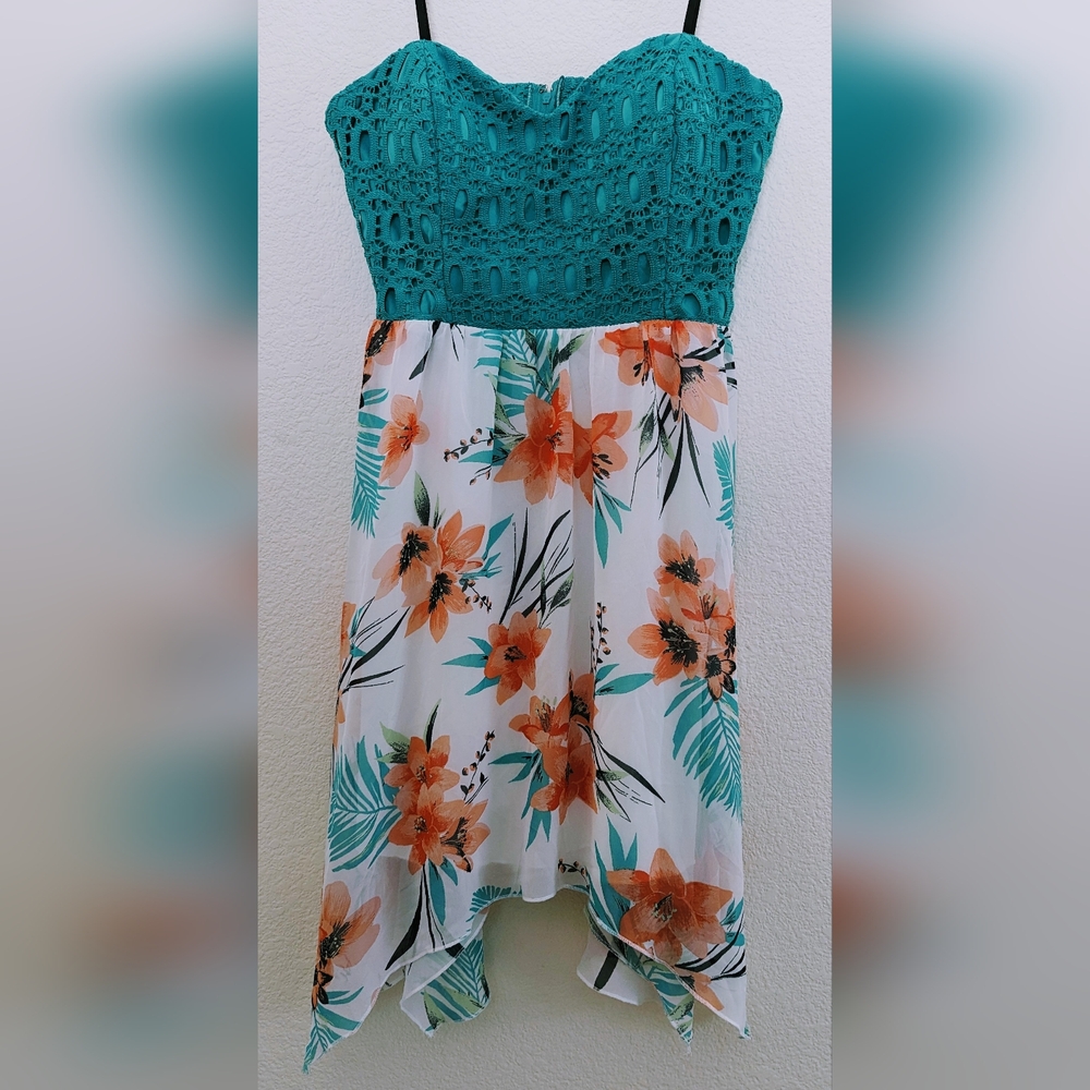 Teal Floral Strapless Sun Dress